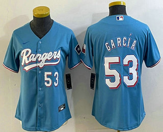 Women's Texas Rangers #53 Adolis Garcia Number Light Blue Team Logo Cool Base Jersey