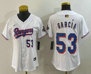 Women's Texas Rangers #53 Adolis Garcia Number White 2024 Gold Collection Limited Cool Base Jersey 13