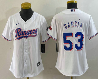 Women's Texas Rangers #53 Adolis Garcia White Team Logo Cool Base Jersey