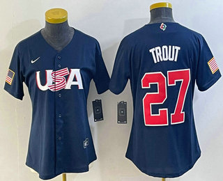 Women's USA Baseball #27 Mike Trout 2023 Navy World Classic Stitched Jersey 04