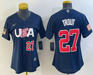 Women's USA Baseball #27 Mike Trout Number 2023 Navy World Classic Stitched Jersey 01
