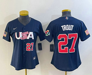 Women's USA Baseball #27 Mike Trout Number 2023 Navy World Classic Stitched Jersey 02