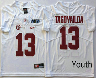 Youth Alabama Crimson Tide #13 Tua Tagovailoa White 2019 Championship Game Patch Vapor Untouchable Stitched Nike NCAA Jersey