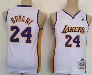 Youth Angeles Lakers #24 Kobe Bryant White V Neck 2008-09 Hardwood Swingman Throwback Jersey