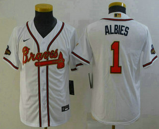 Youth Atlanta Braves #1 Ozzie Albies 2022 White Gold World Series Champions Program Cool Base Stitched Baseball Jersey