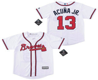 Youth Atlanta Braves #13 Ronald Acuna Jr. White Stitched MLB Cool Base Jersey