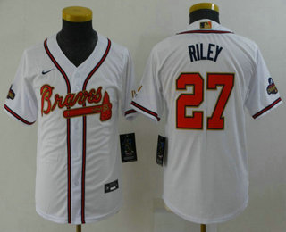 Youth Atlanta Braves #27 Austin Riley 2022 White Gold World Series Champions Program Cool Base Stitched Jersey