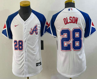 Youth Atlanta Braves #28 Matt Olson Number White 2023 City Connect Cool Base Stitched Jersey 02
