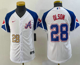 Youth Atlanta Braves #28 Matt Olson Number White 2023 City Connect Cool Base Stitched Jersey 03