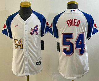 Youth Atlanta Braves #54 Max Fried Number White 2023 City Connect Cool Base Stitched Jersey 01