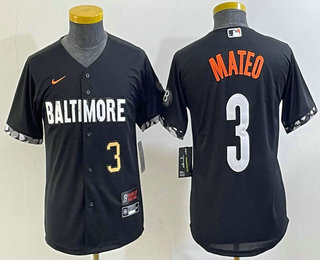 Youth Baltimore Orioles #3 Jorge Mateo Number Black 2023 City Connect Cool Base Stitched Jersey 01