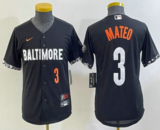 Youth Baltimore Orioles #3 Jorge Mateo Number Black 2023 City Connect Cool Base Stitched Jersey 02