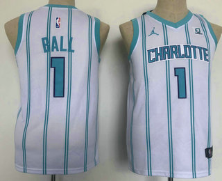 Youth Charlotte Hornets #1 LaMelo Ball White 2022 Brand Jordan Swingman Jersey With Sponsor