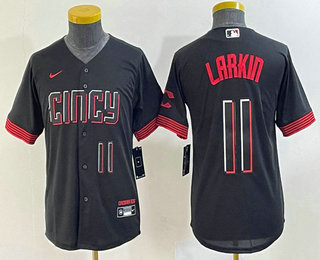 Youth Cincinnati Reds #11 Barry Larkin Number Black 2023 City Connect Cool Base Stitched Jersey 02