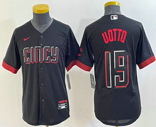 Youth Cincinnati Reds #19 Joey Votto Black 2023 City Connect Cool Base Stitched Jersey 01