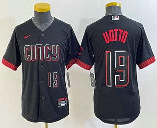 Youth Cincinnati Reds #19 Joey Votto Number Black 2023 City Connect Cool Base Stitched Jersey 02