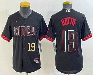 Youth Cincinnati Reds #19 Joey Votto Number Black 2023 City Connect Cool Base Stitched Jersey 03