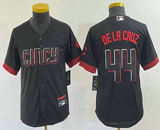 Youth Cincinnati Reds #44 Elly De La Cruz Black 2023 City Connect Cool Base Stitched Baseball Jersey 02