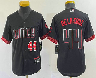 Youth Cincinnati Reds #44 Elly De La Cruz Number Black 2023 City Connect Cool Base Stitched Baseball Jersey 01