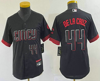 Youth Cincinnati Reds #44 Elly De La Cruz Number Black 2023 City Connect Cool Base Stitched Baseball Jersey 03