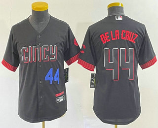 Youth Cincinnati Reds #44 Elly De La Cruz Number Black 2023 City Connect Cool Base Stitched Baseball Jersey 04