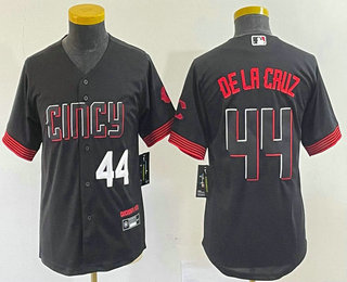 Youth Cincinnati Reds #44 Elly De La Cruz Number Black 2023 City Connect Cool Base Stitched Baseball Jersey 05