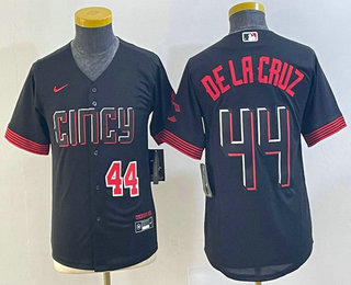 Youth Cincinnati Reds #44 Elly De La Cruz Number Black 2023 City Connect Cool Base Stitched Jersey 01