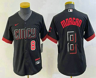 Youth Cincinnati Reds #8 Joe Morgan Number Black 2023 City Connect Cool Base Stitched Jersey 02