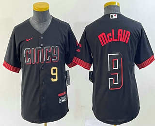 Youth Cincinnati Reds #9 Matt McLain Number Black 2023 City Connect Cool Base Stitched Jersey 01