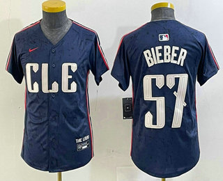 Youth Cleveland Guardians #57 Shane Bieber Navy 2024 City Connect Limited Stitched Jersey