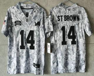 Youth Detroit Lions #14 Amon Ra St Brown Arctic Camo 2024 FUSE Salute to Service Limited Stitched Jersey