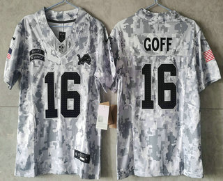 Youth Detroit Lions #16 Jared Goff Arctic Camo 2024 FUSE Salute to Service Limited Stitched Jersey