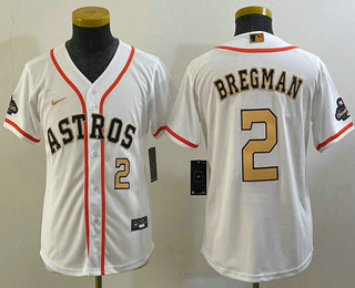 Youth Houston Astros #2 Alex Bregman Number 2023 White Gold World Serise Champions Patch Cool Base Stitched Jersey 02