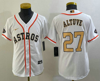 Youth Houston Astros #27 Jose Altuve 2023 White Gold World Serise Champions Patch Cool Base Stitched Jersey 01