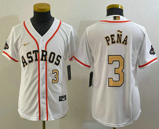 Youth Houston Astros #3 Jeremy Pena Number 2023 White Gold World Serise Champions Patch Cool Base Stitched Jersey 03