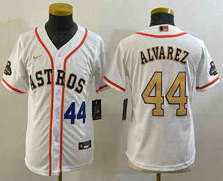 Youth Houston Astros #44 Yordan Alvarez Number 2023 White Gold World Serise Champions Patch Cool Base Stitched Jersey 01