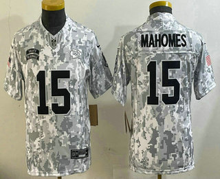 Youth Kansas City Chiefs #15 Patrick Mahomes Arctic Camo 2024 FUSE Salute to Service Limited Stitched Jersey