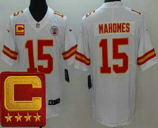 Youth Kansas City Chiefs #15 Patrick Mahomes II Limited White 2022 Captain Patch Vapor Jersey