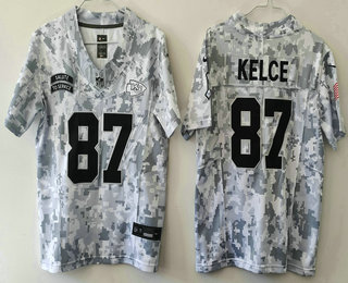 Youth Kansas City Chiefs #87 Travis Kelce Arctic Camo 2024 FUSE Salute to Service Limited Stitched Jersey