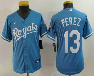 Youth Kansas City Royals #13 Salvador Perez Light Blue Cool Base Stitched Jersey