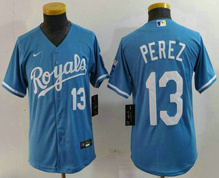 Youth Kansas City Royals #13 Salvador Perez Number Light Blue Cool Base Stitched Jersey