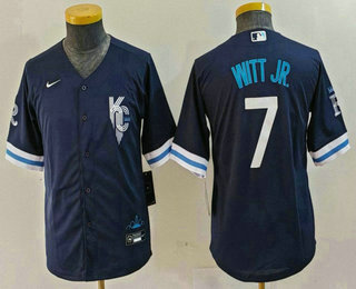Youth Kansas City Royals #7 Bobby Witt Jr 2022 Navy Blue City Connect Cool Base Stitched Jersey