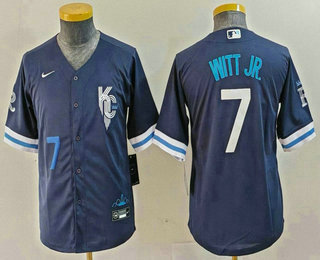 Youth Kansas City Royals #7 Bobby Witt Jr Number 2022 Navy Blue City Connect Cool Base Stitched Jersey