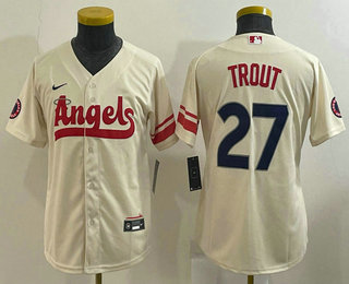 Youth Los Angeles Angels #27 Mike Trout Cream 2022 City Connect Cool Base Stitched Jersey