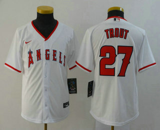 Youth Los Angeles Angels #27 Mike Trout White Stitched MLB Cool Base Nike Jersey