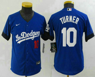 Youth Los Angeles Dodgers #10 Justin Turner Blue 2021 City Connect Number Cool Base Stitched Jersey