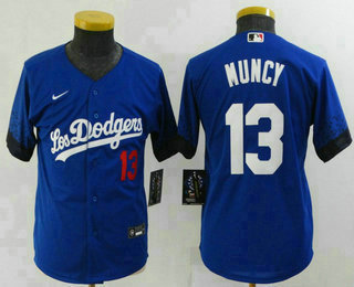 Youth Los Angeles Dodgers #13 Max Muncy Blue 2021 City Connect Number Cool Base Stitched Jersey