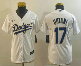 Youth Los Angeles Dodgers #17 Shohei Ohtani White Gold Championship Stitched Cool Base Nike Jersey