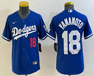 Youth Los Angeles Dodgers #18 Yoshinobu Yamamoto Number Blue Stitched Cool Base Nike Jersey