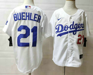 Youth Los Angeles Dodgers #21 Walker Buehler White With Front  Number Stitched MLB Cool Base Nike Jersey